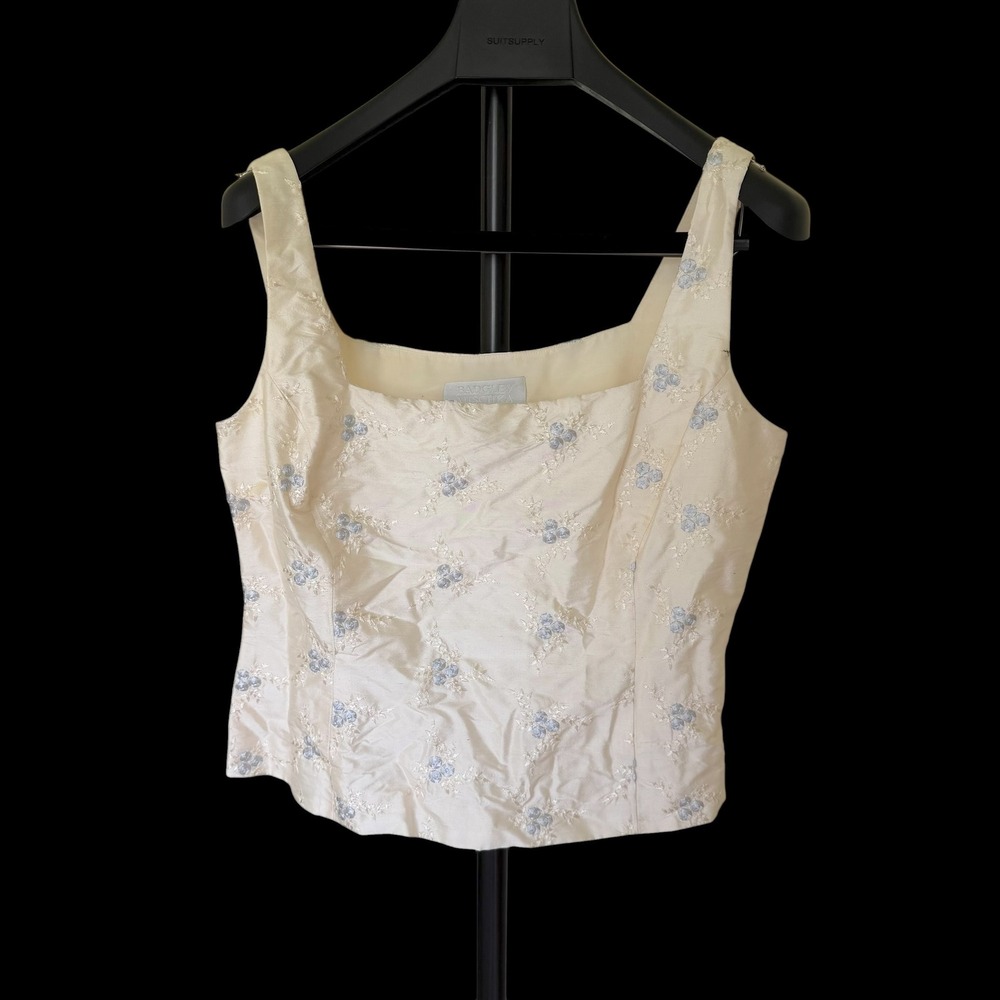 Badgley Mischka Silk Floral Embroidered Tank Top Cream Blue Size 12 Evening
